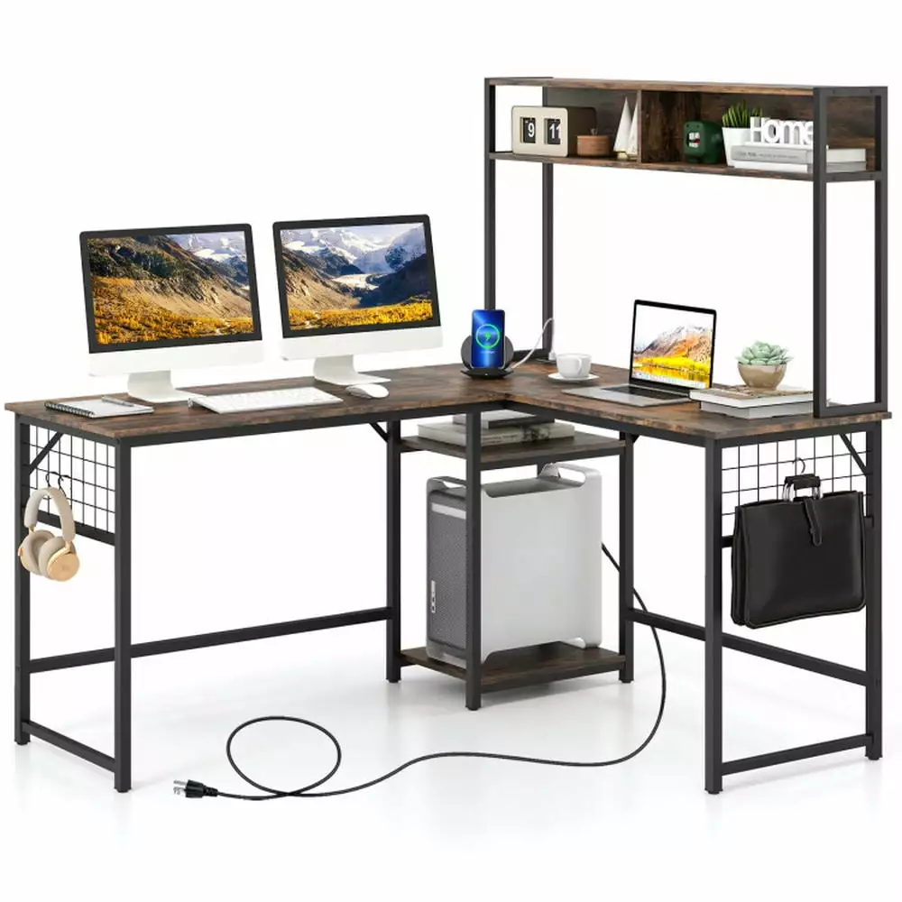 YYAo Sturdy L-Shaped Corner Computer Desk Power Outlet Hutch - Rustic Brown Workstation Writing Table