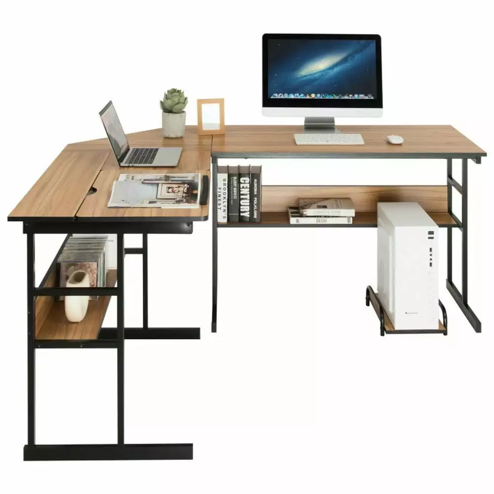 YYAo Walnut L-Shaped Corner Computer Desk Tiltable Tabletop Study Working Writing