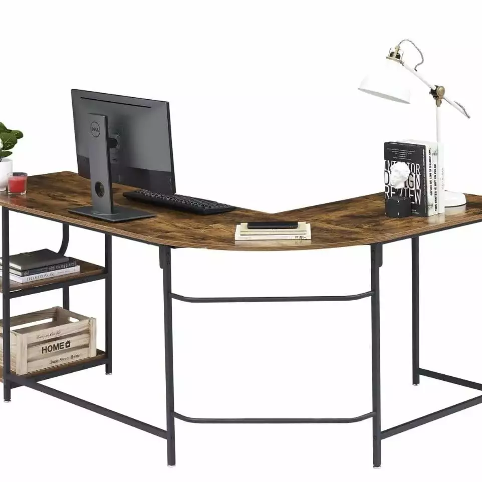 Anivia 68.9 Inch Reversible L Shaped Computer Desk Gaming Table Storage Shelves Brown ZEMONO