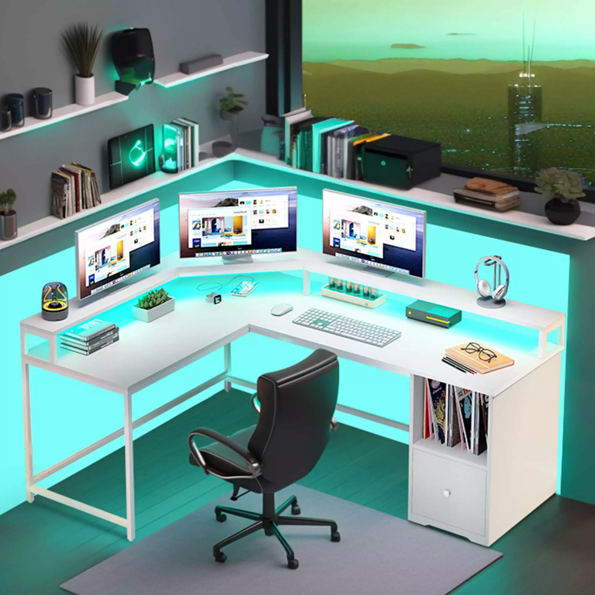 DWVO 67 Inch L Shaped Desk LED Light Power Outlets Drawer Storage Shelves White Gaming Desk