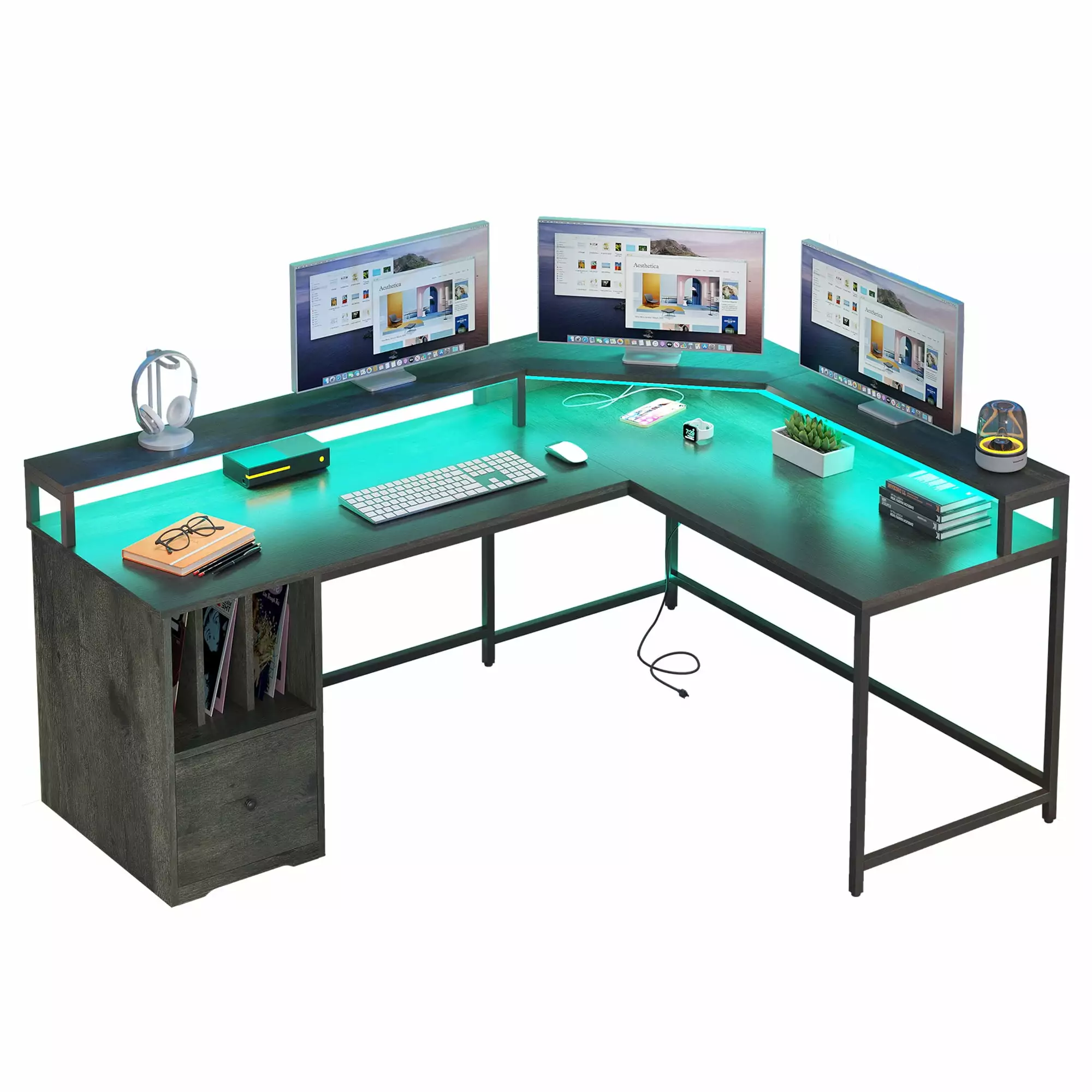 DWVO 67 Inch L Shaped Desk LED Light Power Outlets Drawer Storage Shelves Gray Gaming Desk