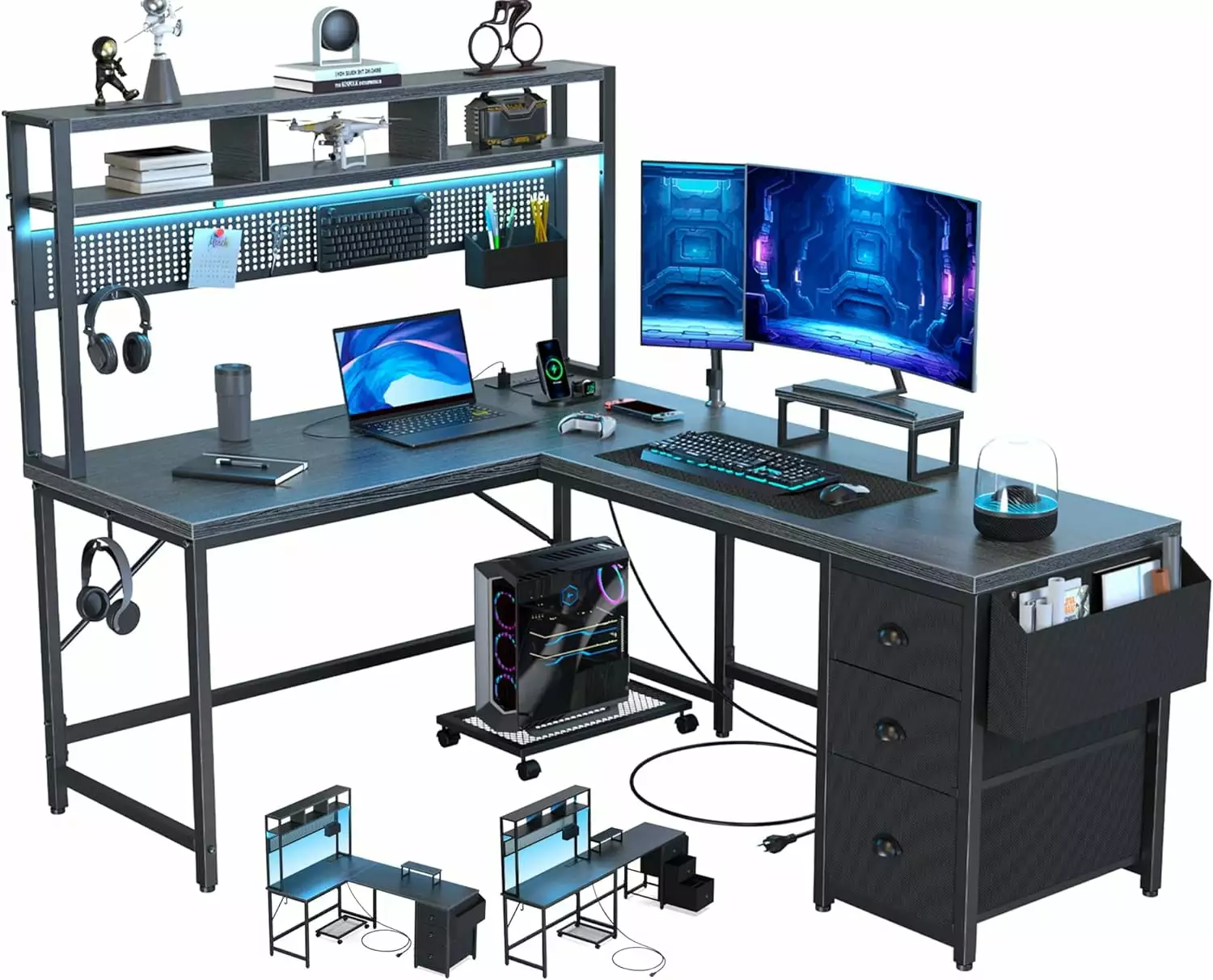 UPGO L Shaped Gaming Desk 94.5 Inch Pegboard Shelves Drawers Power Outlet LED Strip Black