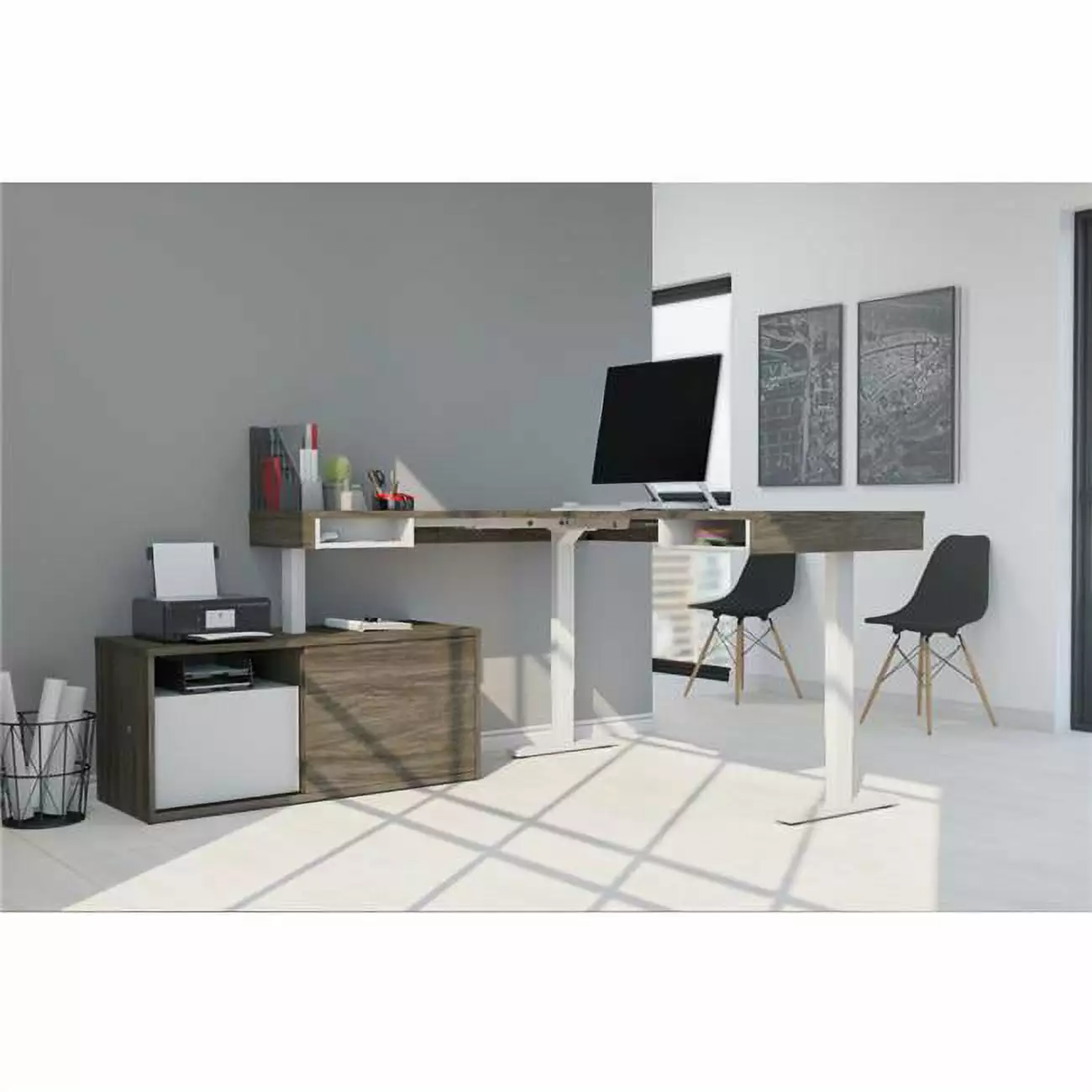 Bestar Pro-Vega L Shaped Adjustable Standing Desk Credenza Walnut Gray Modern Office