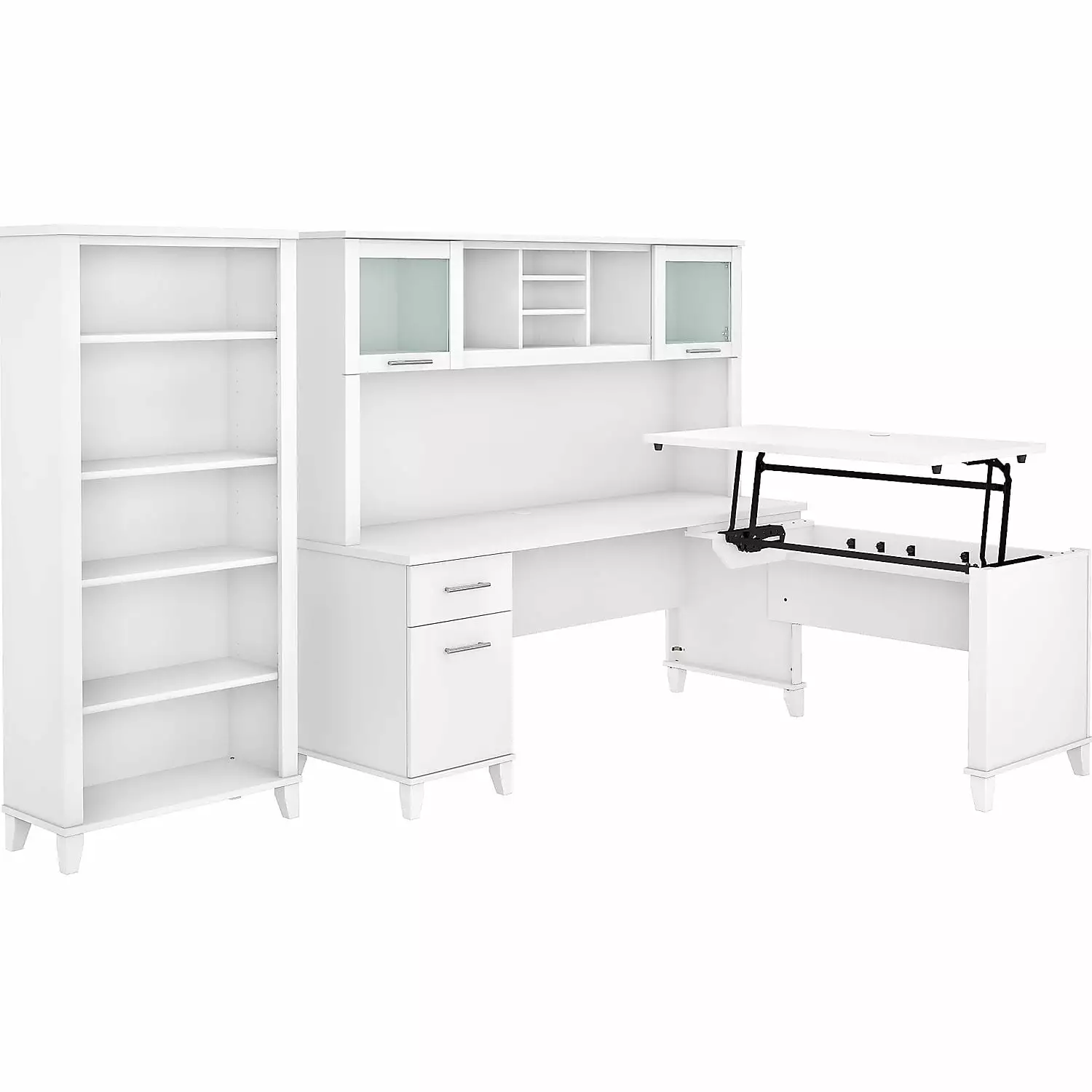 Somerset Sit to Stand L Desk Hutch and Bookcase - White Engineered Wood Office Workstation Bush Furniture