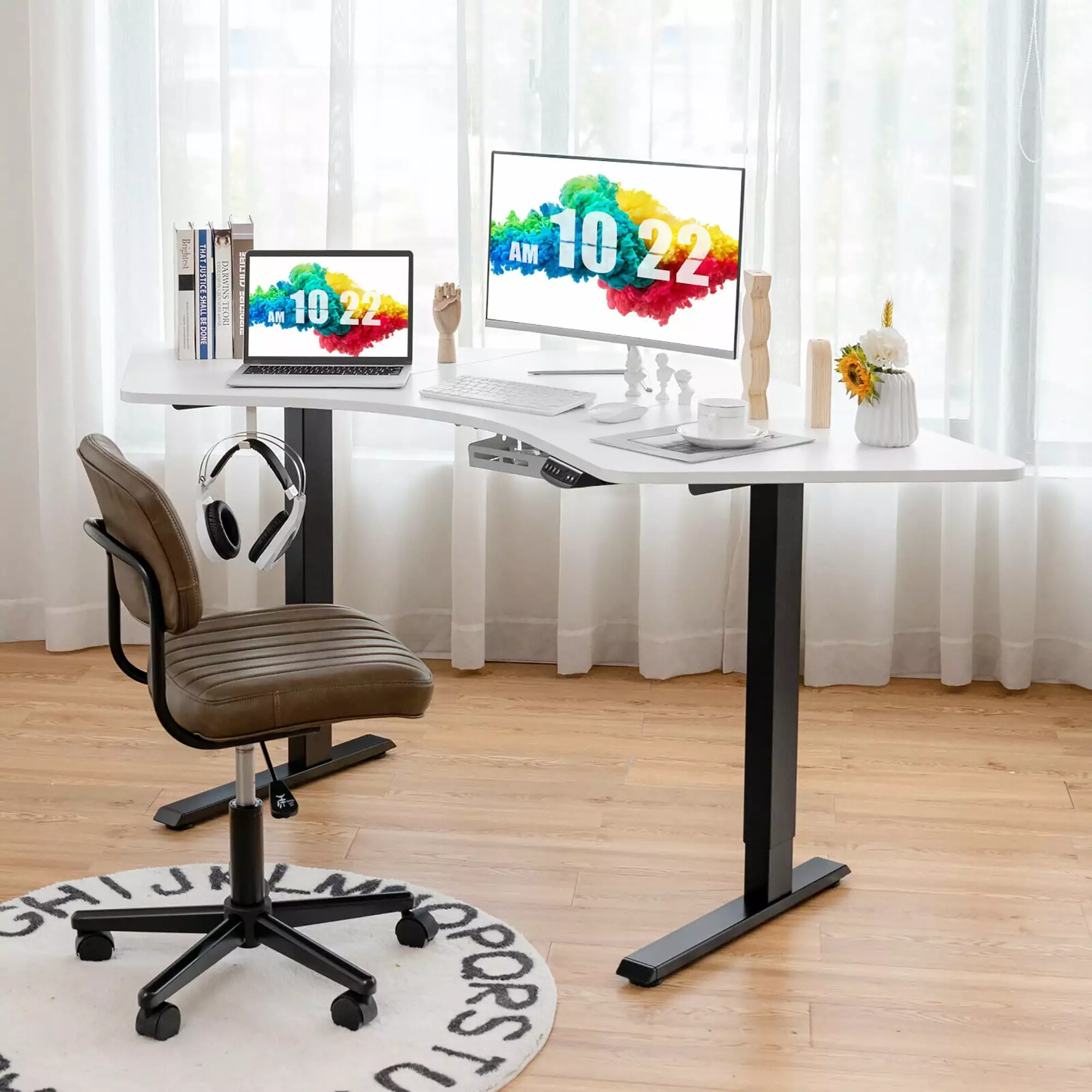 Gymax Dual-Motor L Shaped Standing Desk - Ergonomic Sit Stand Computer Workstation Black & White