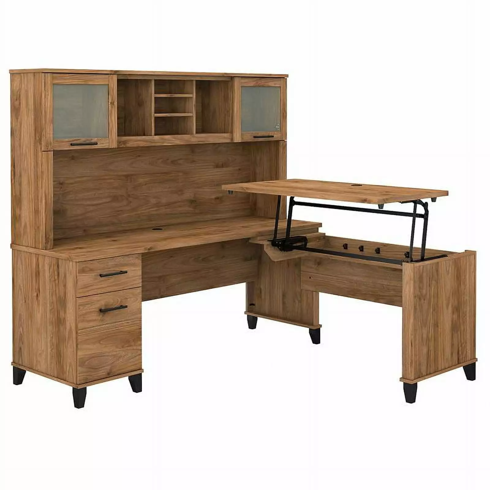 Kingfisher Lane 72W Walnut Sit to Stand L Desk Hutch Adjustable Height Workstation