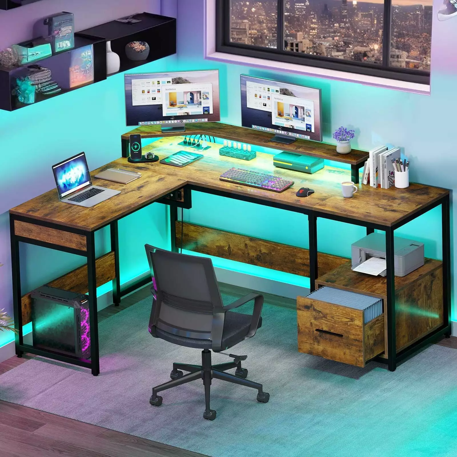LED Height Adjustable Standing Desk L Shaped Power Outlets and Drawer Ergonomic Office Desk N/A