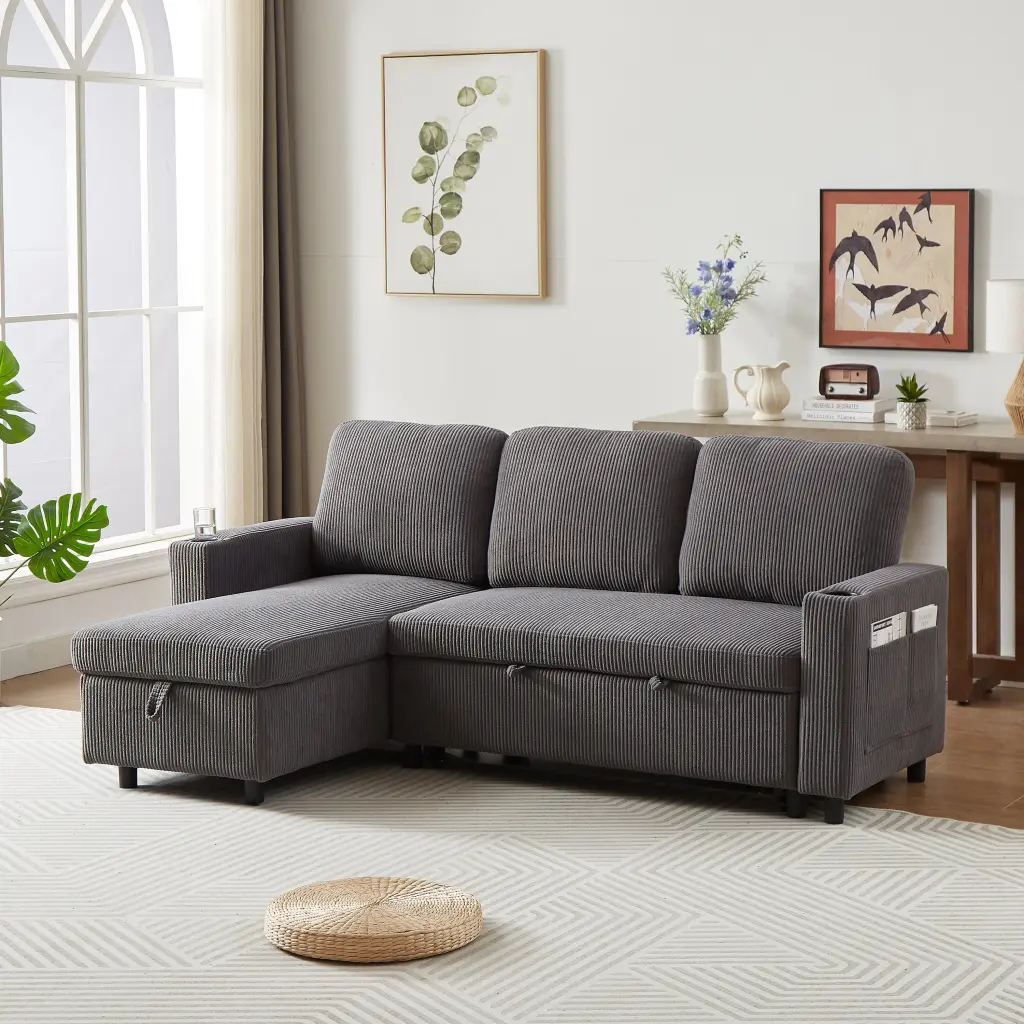 78.7 Inch Cozy Corduroy L Shaped Combo Sofa Bed Living Room Furniture fx furniture