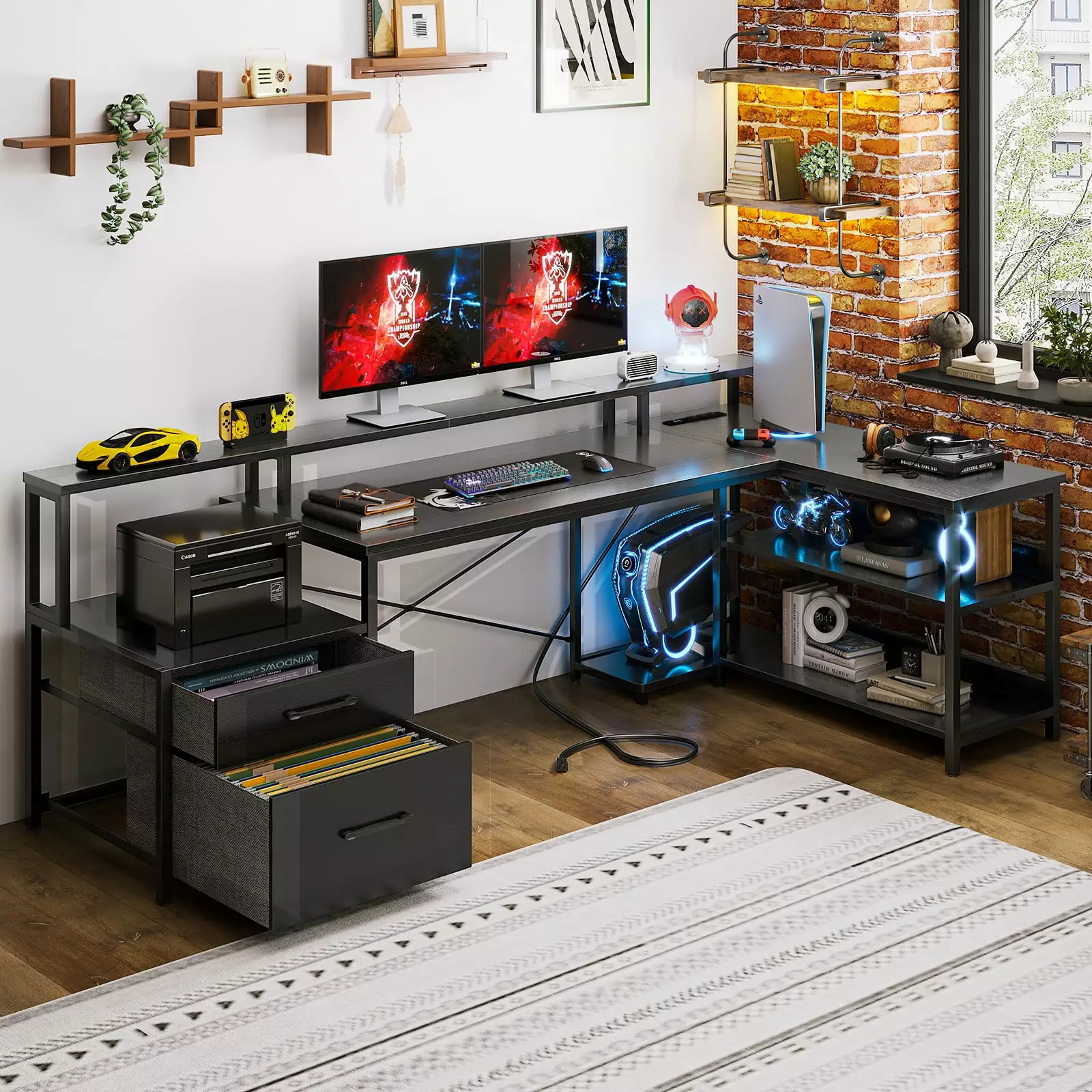 66 Inch Reversible L Shaped Desk File Drawer & Power Outlet - Modern Computer Desk LED Strip and Storage Shelves Black KKL