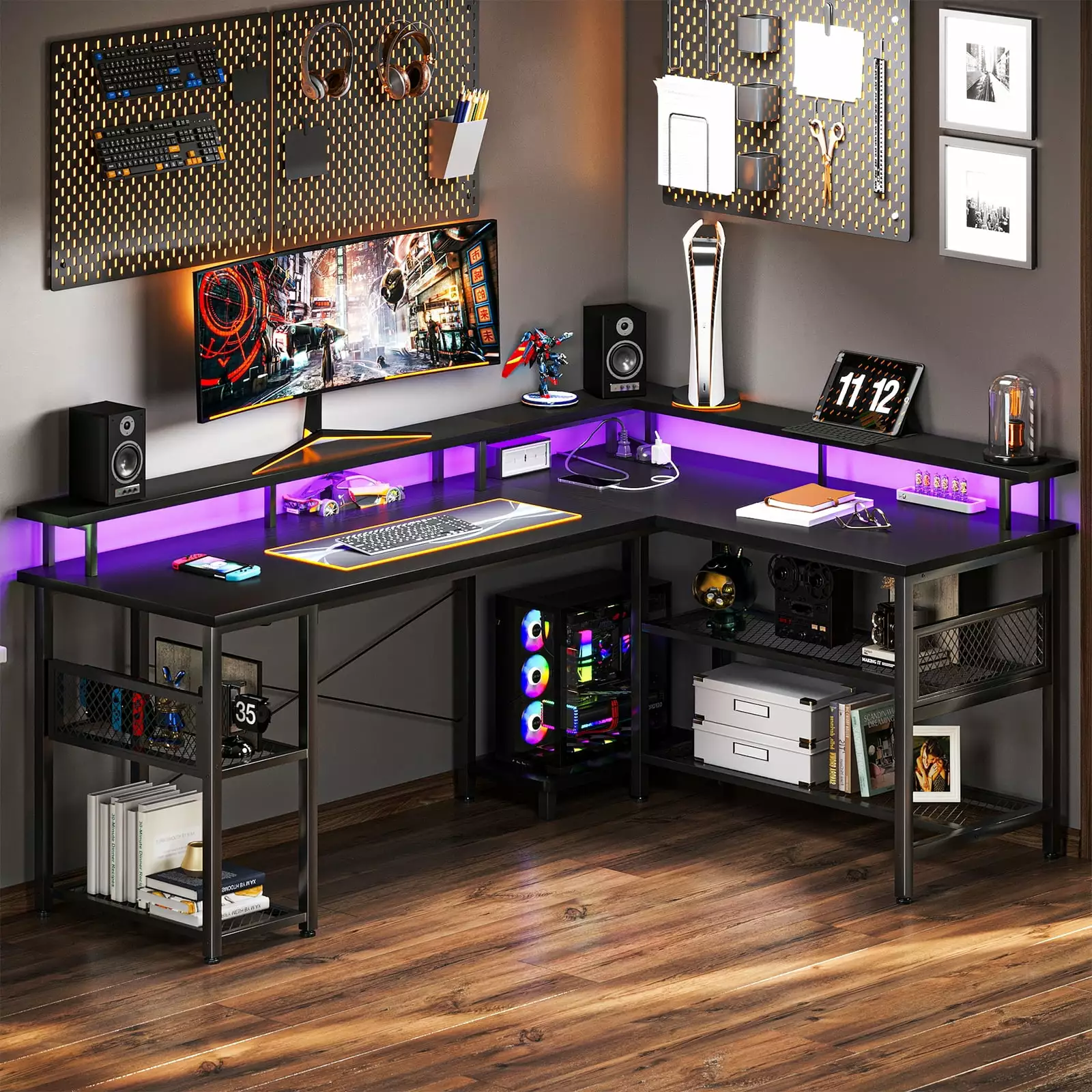 Reversible 59 Inch L Shaped Computer Desk LED Lights & Power Outlet - Gaming Table Full Monitor Stand and Storage Shelves ...