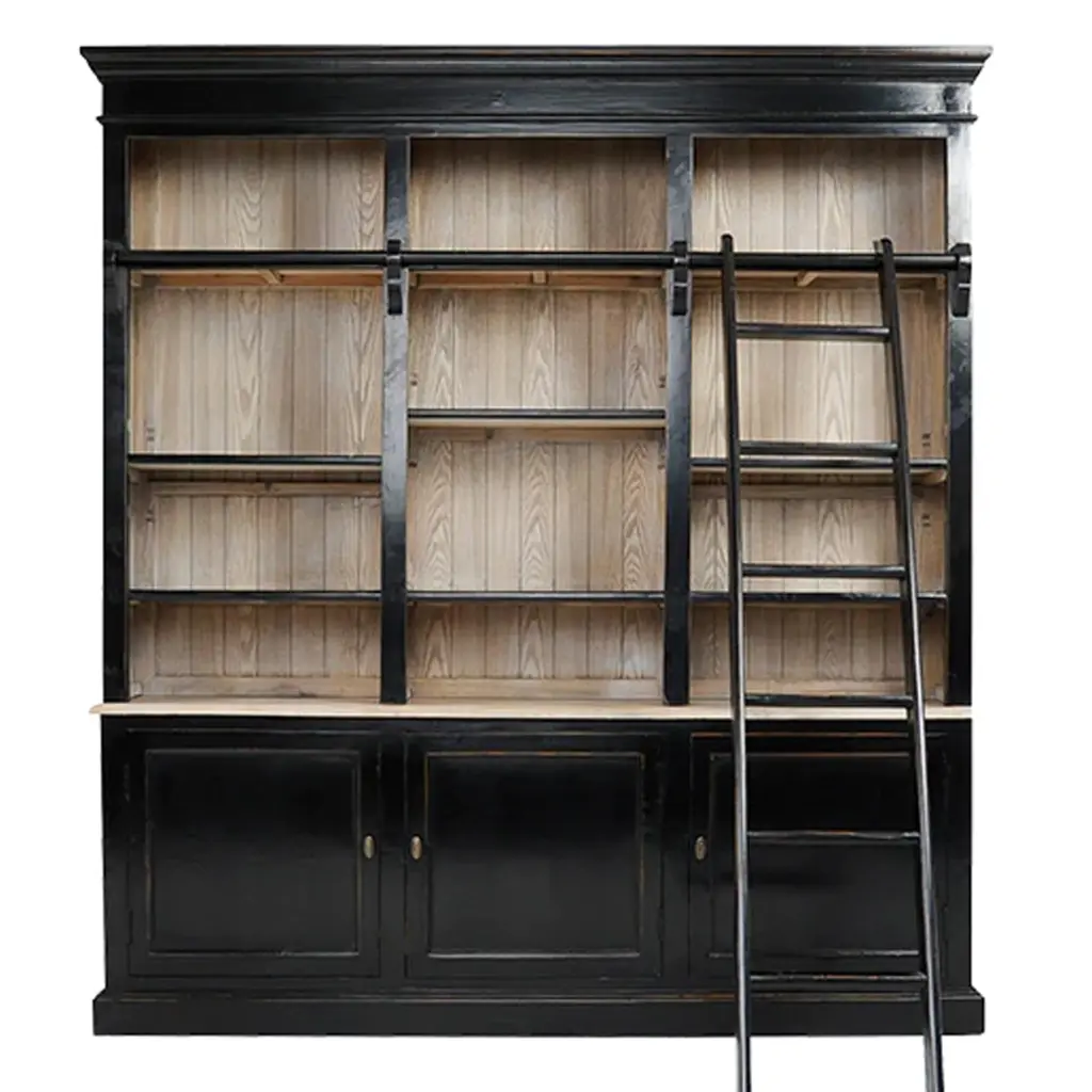 89 Inch Bookcase Sliding Ladder 3 Doors 4 Adjustable Shelves Brown royal hampton