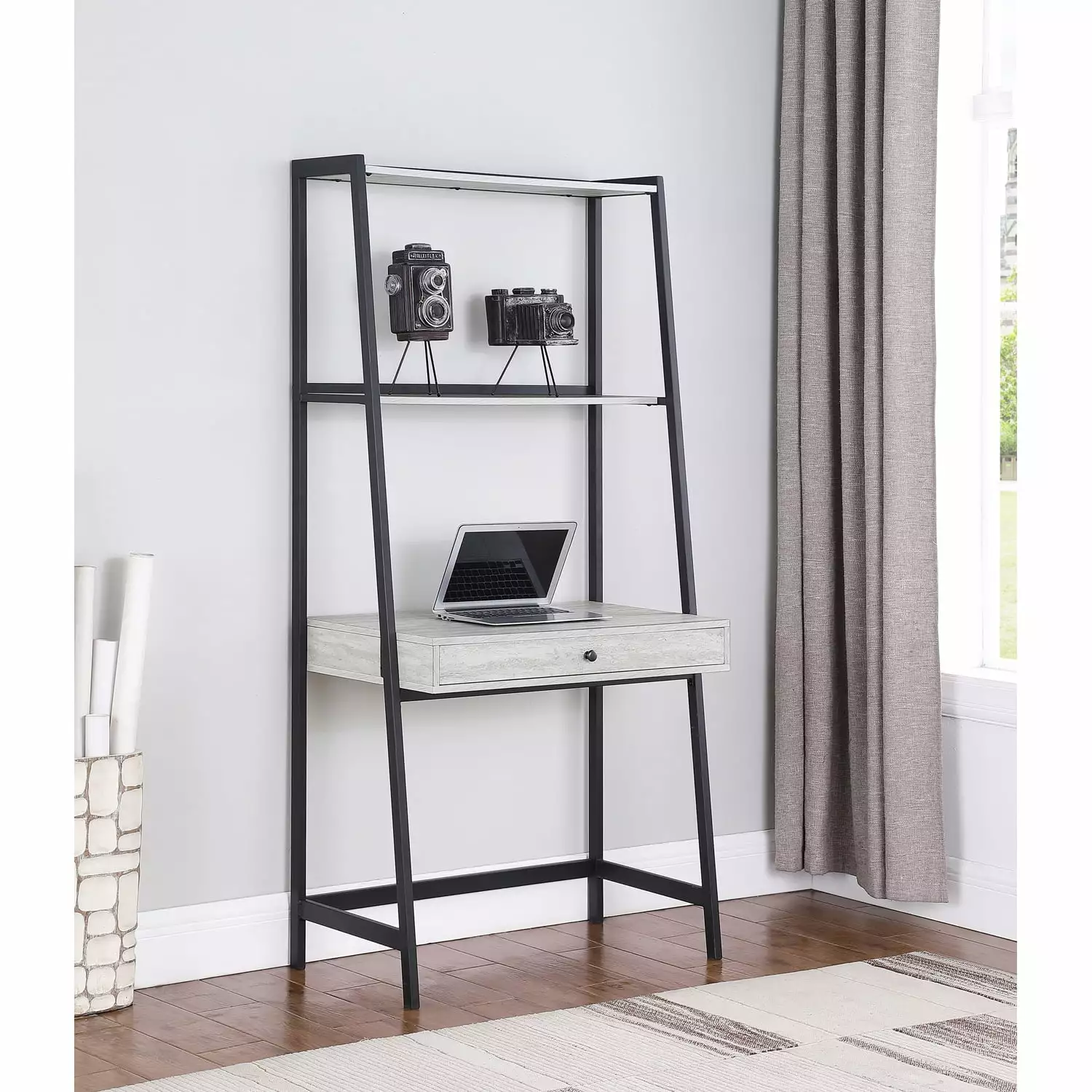 Pinckard 1-drawer Ladder Desk Grey Stone and Black Compact Home Office Desk Coaster Company