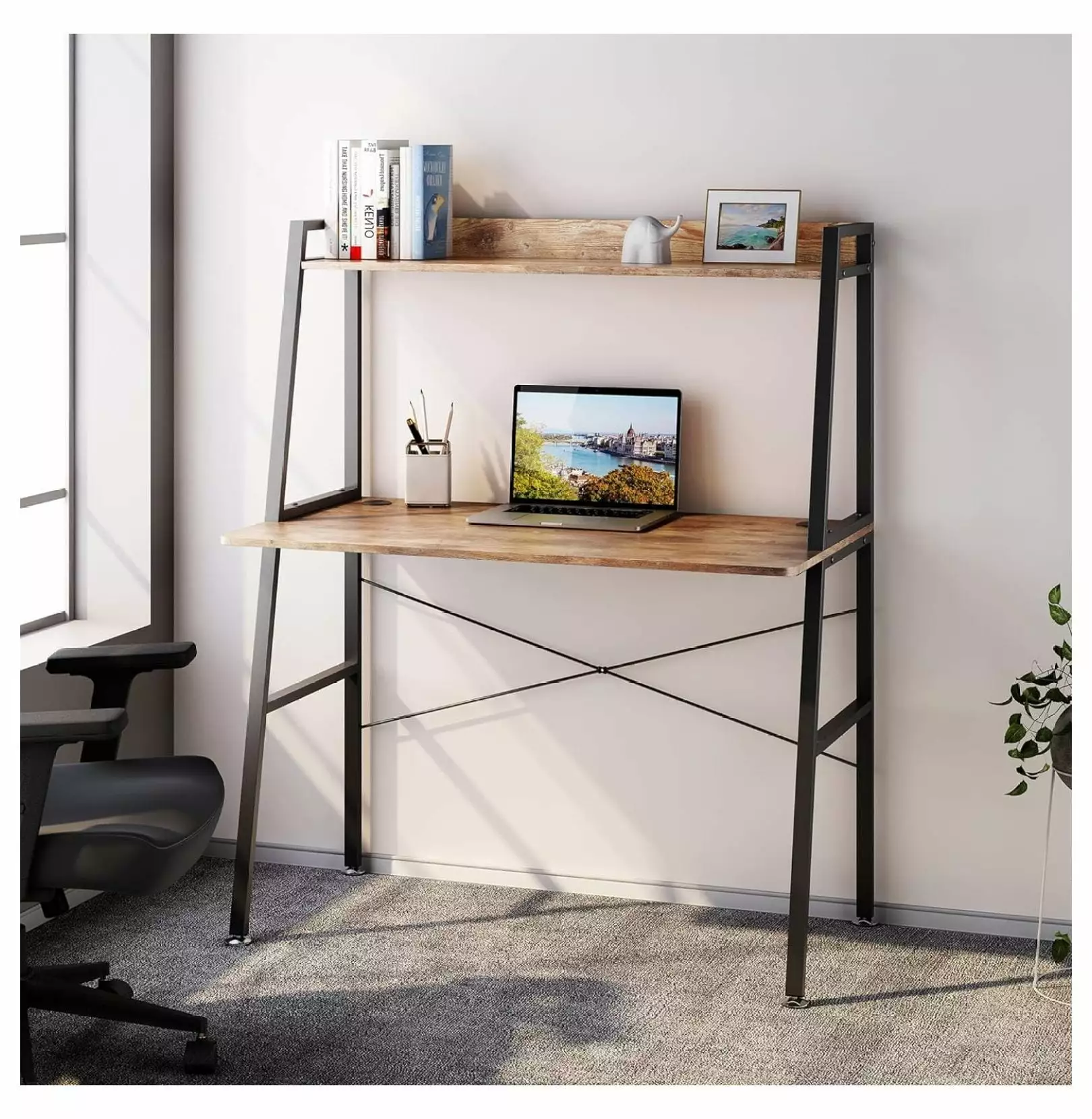 Drevy Computer Ladder Desk Shelves Rustic Brown 43 Inch Small Space Saving Home Office Workstation