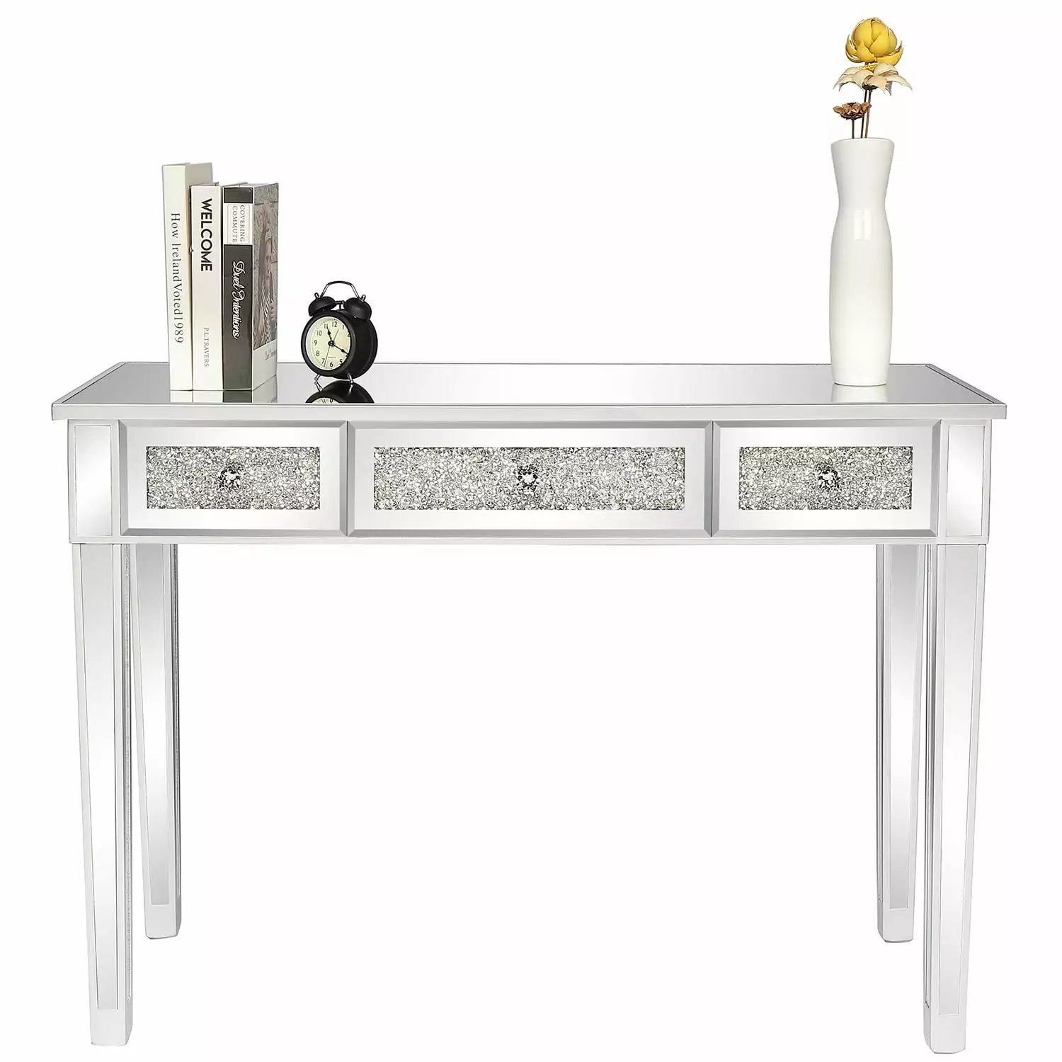 Winado Laptop Table Mirrored Surface and 3 Broken Glass Drawers FCH