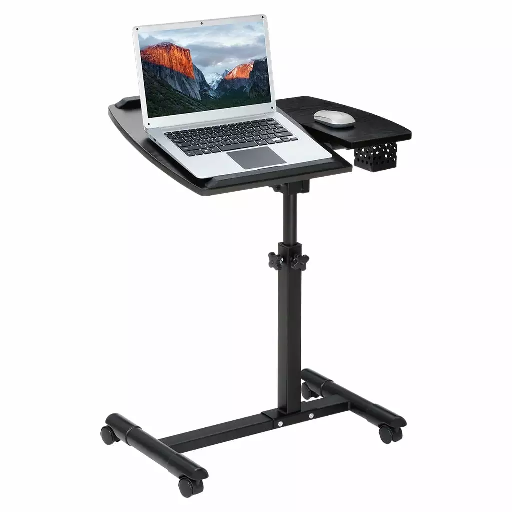 LANGRIA Portable Laptop Desk Cart Tilting Surfaces and Side Storage Basket Adjustable Workstation Wheels Black Walnut