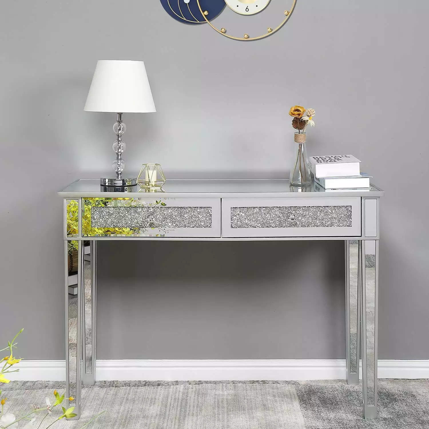 SamyoHome Laptop Table Study Desk 2 Broken Glass Style Drawers Silver Compact Desk