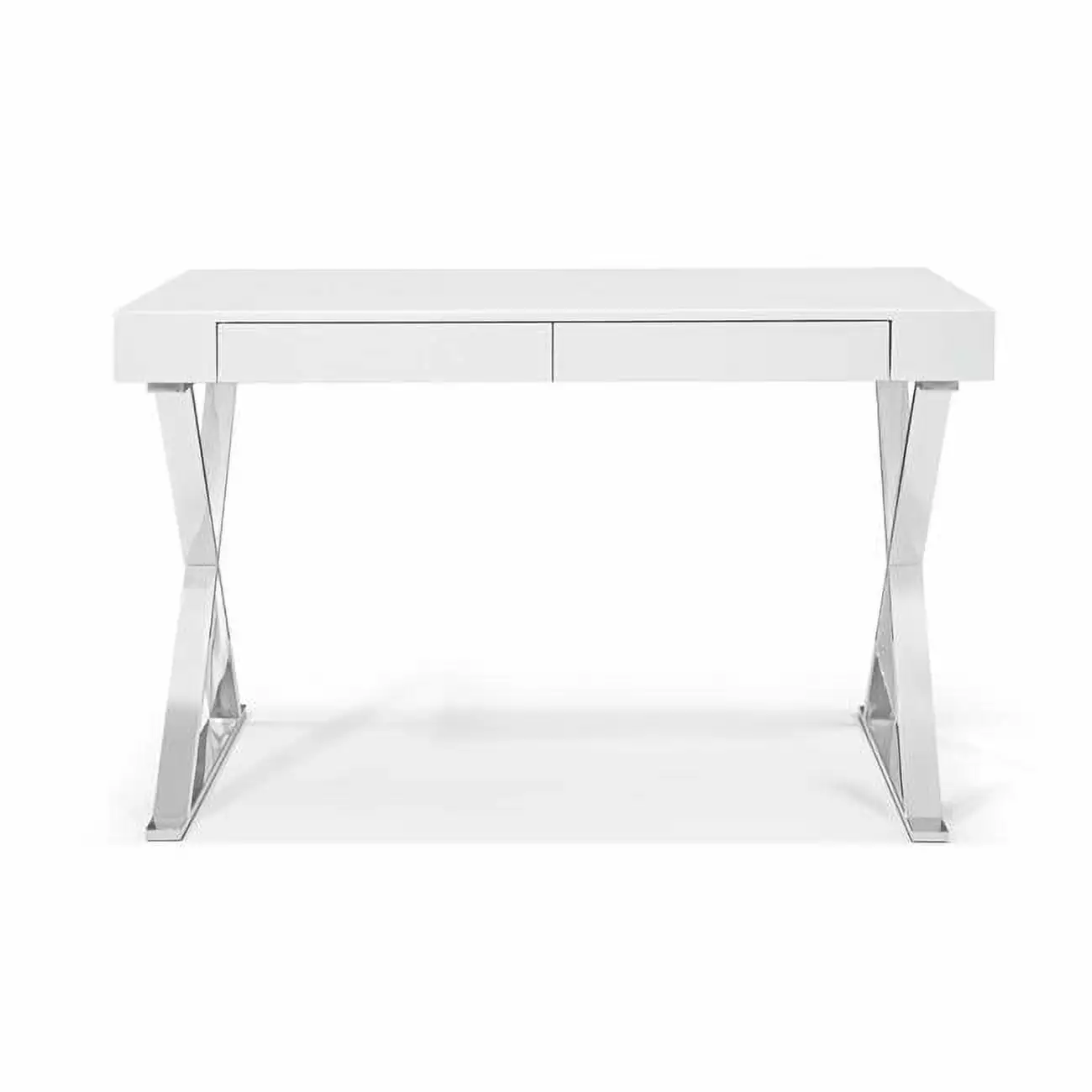 Desk Large High Gloss White Two Drawers and Stainless Steel Base - Spacious Workstation HomeRoots