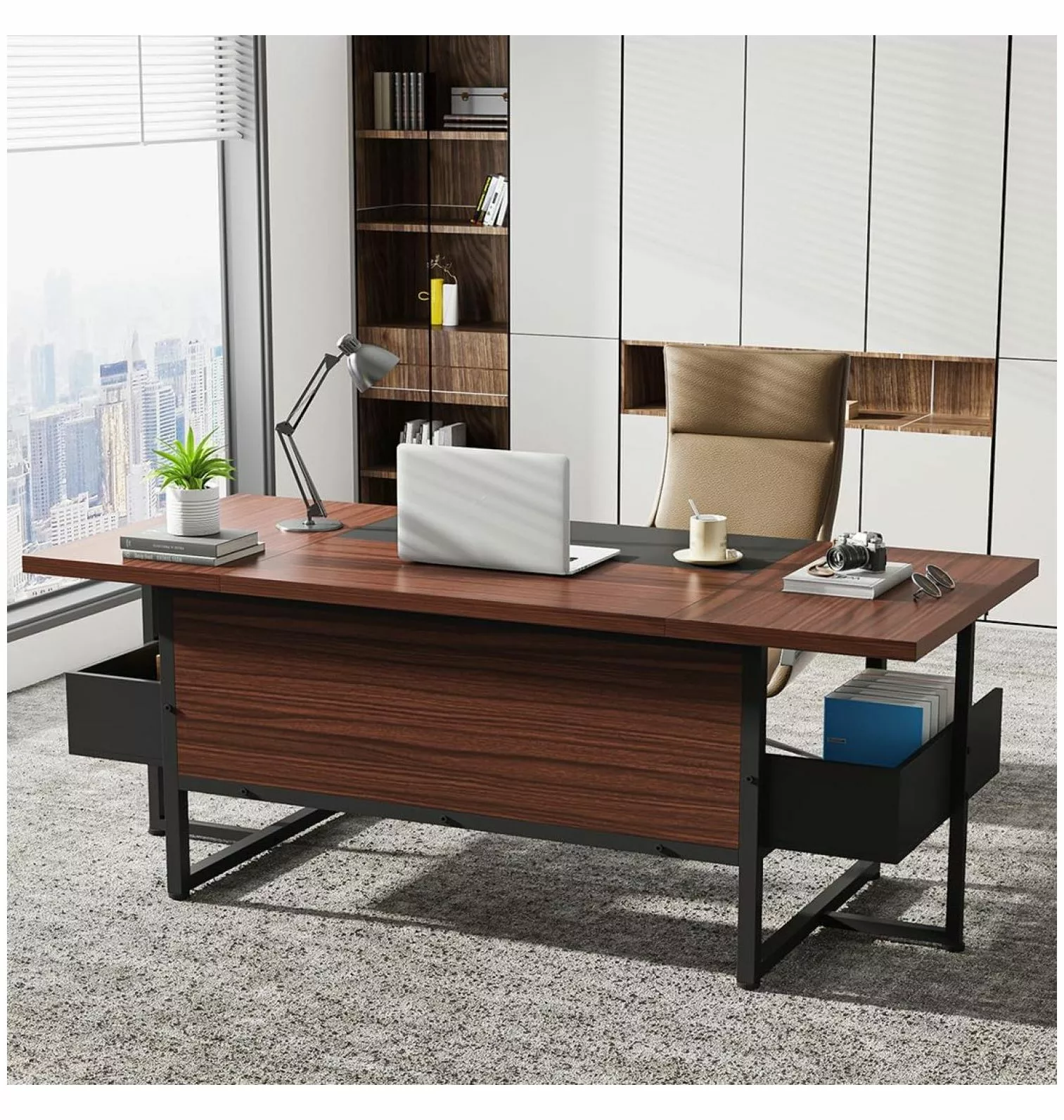 Killeryuki 62 Inch Big Computer Desk Storage Shelves - Modern Executive Desk Workstation Home Office