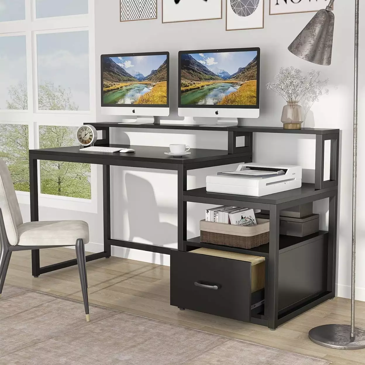Tribesigns 60 Inch Computer Desk Storage Shelves File Drawer Monitor Stand