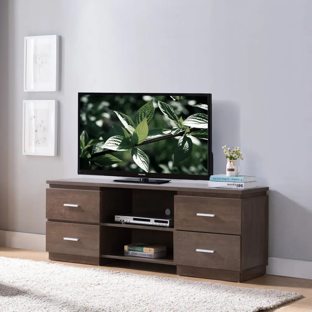 Home Entertainment Console 60-inch TV Stand 4 Drawers 2 Shelves Walnut id international- inc.