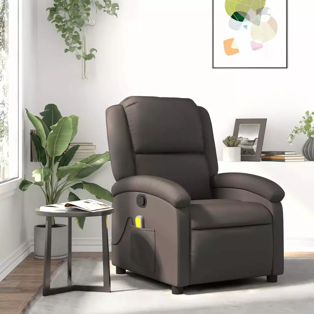 vidaXL Massage Recliner Chair Dark Brown Real Leather Comfortable Relaxing Seating