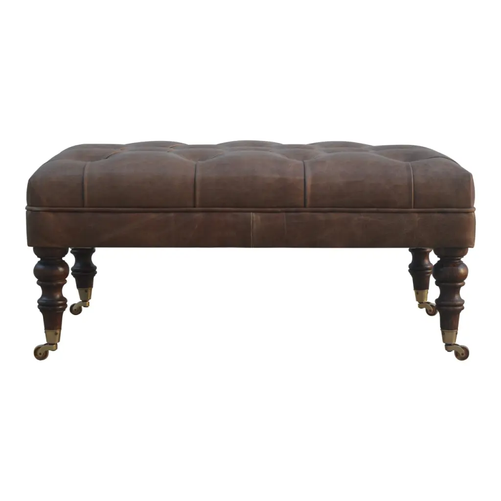 Solid Wood Buffalo Leather Ottoman Brown Faux Leather Storage Footrest artisan furniture
