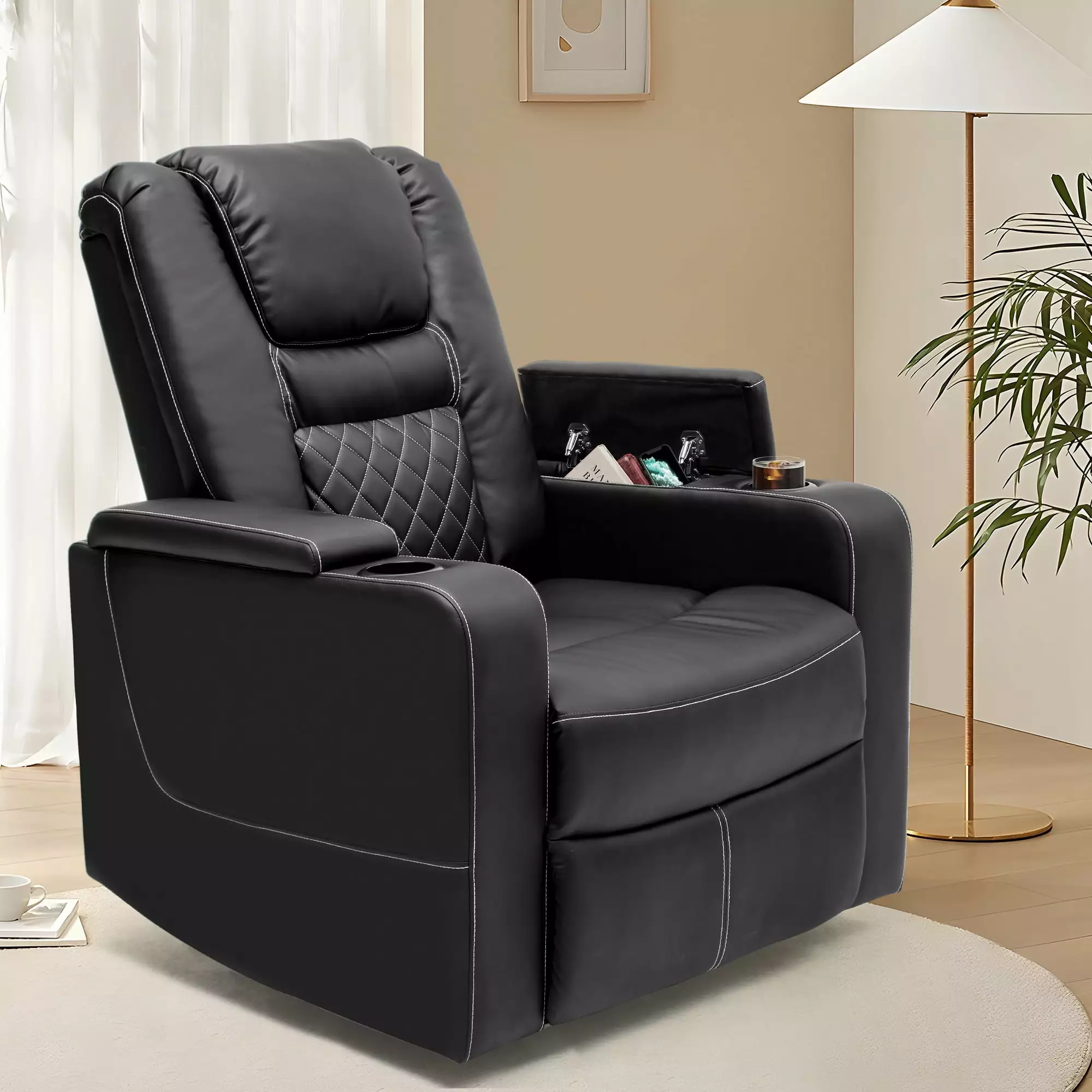 Dextrus Swivel Recliner Flip Armrests Manual Pull Loop and Cup Holders Soft Leather Recliner Glider Home Theater Black