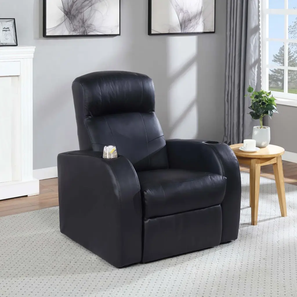 Black Upholstered Recliner Cup Holder Authentic Leather Wood Frame furniture max