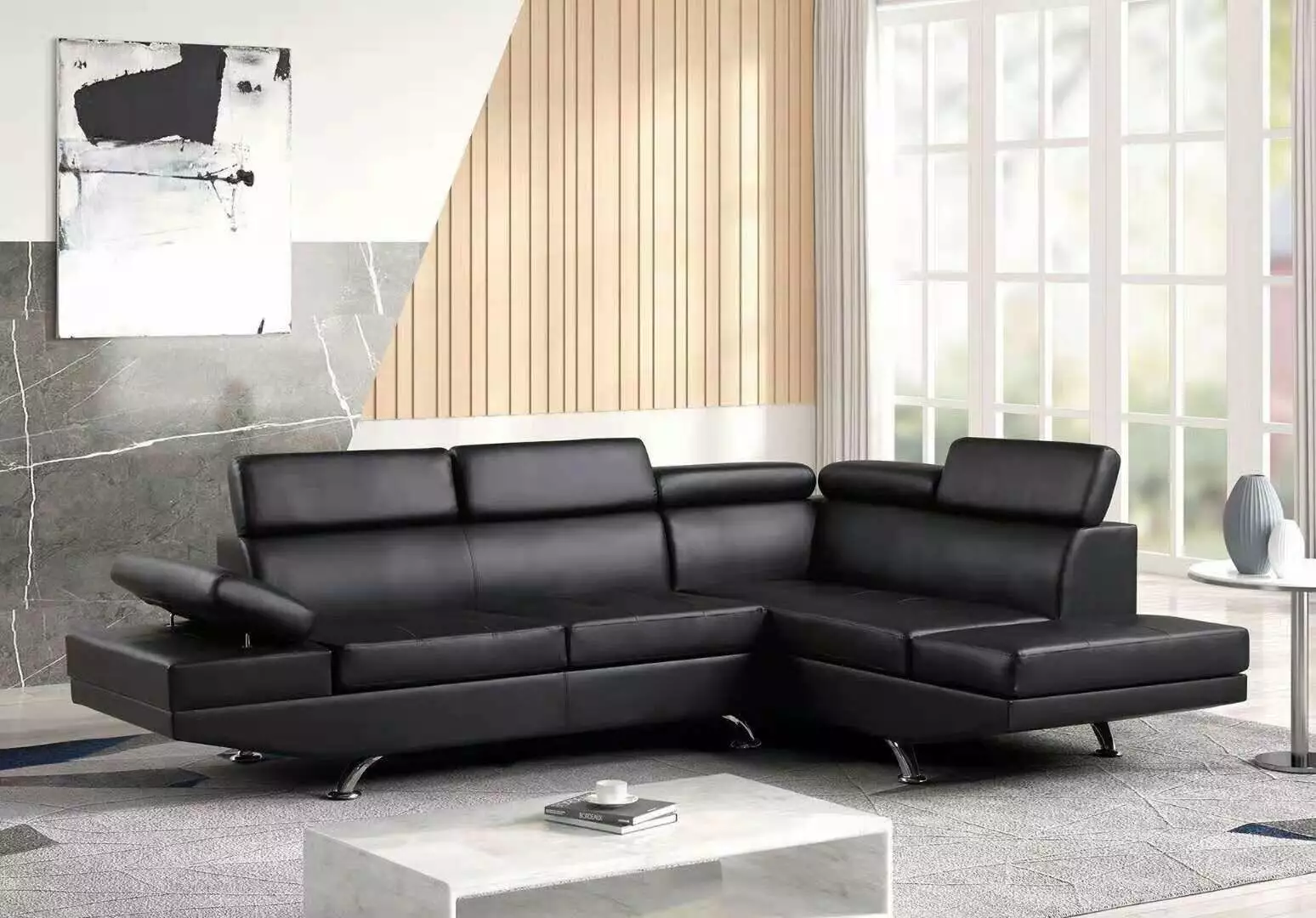 Moderno Contemporary Black Vegan Leather Sectional Sofa Set Living Room Cartesian Furniture