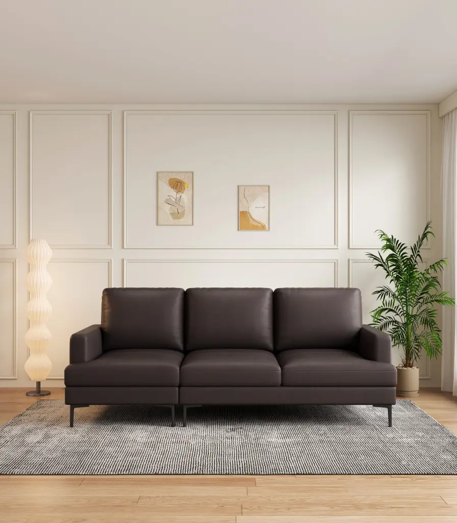77 Inch Brown Premium Authentic Leather Match Contemporary Sofa USB Charger w1896