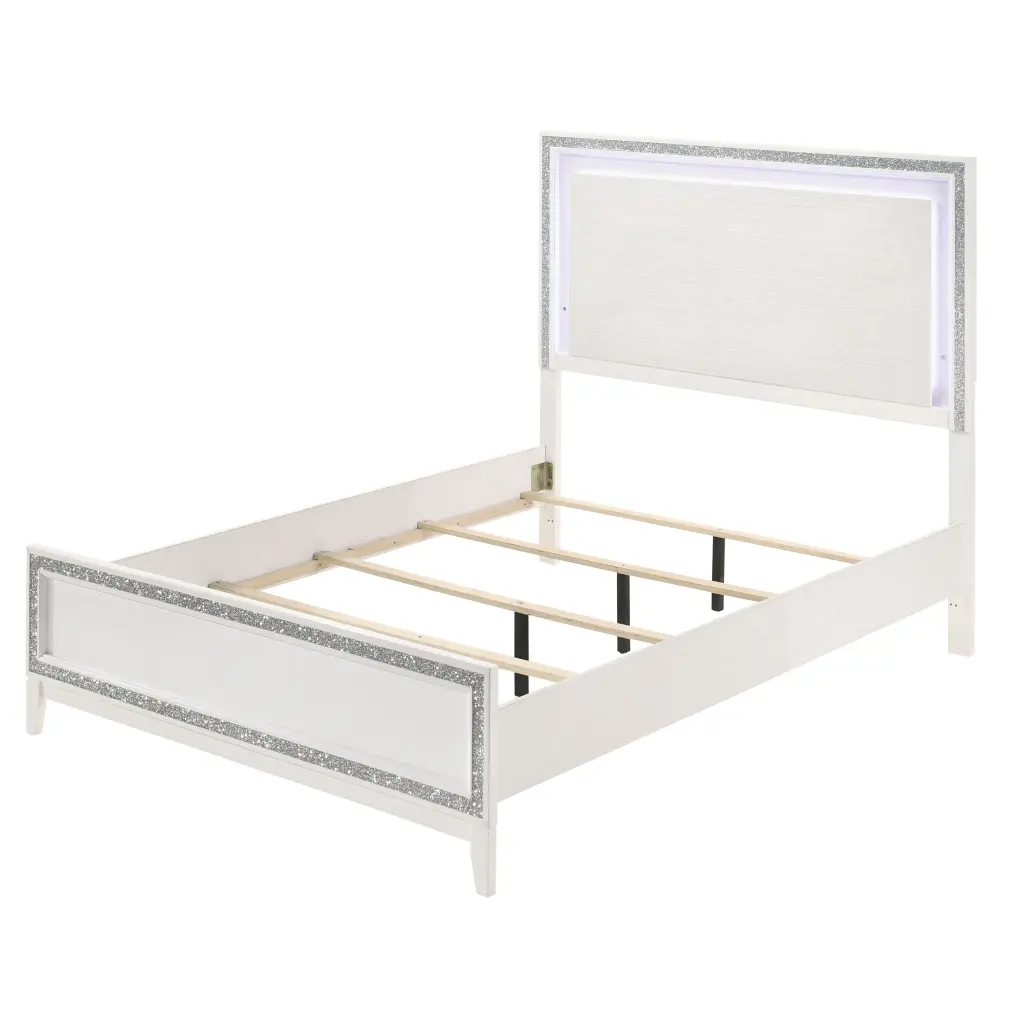 White Queen Bed LED Lighting Headboard Box Spring Required Modern Bed Frame furniture max