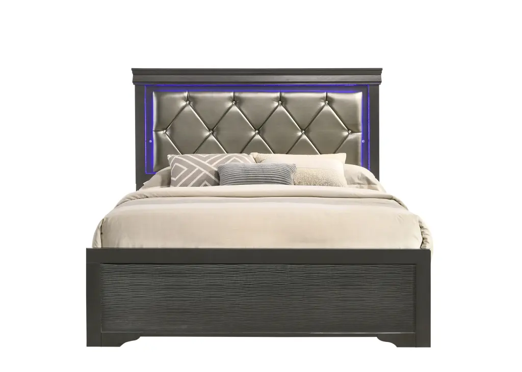 Modern Brooklyn Queen Size LED Bed Wood Frame Gray Box Spring galaxy home furnishings