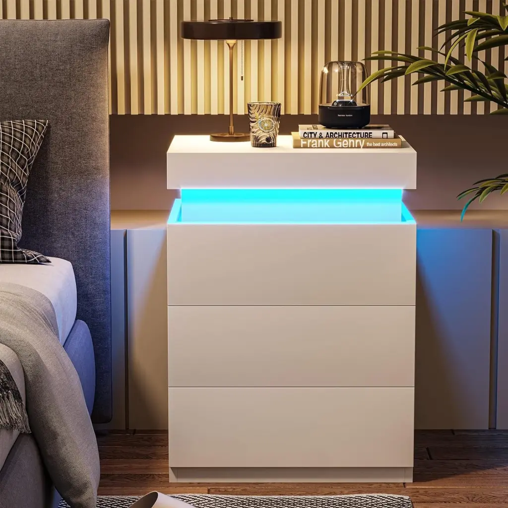 LED White Nightstand 3 Drawers Modern Multi Color LED Night Table rnb