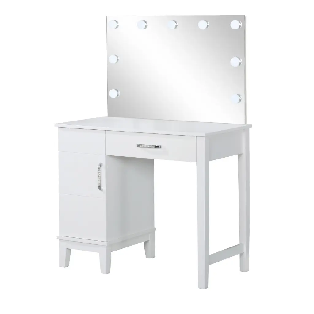 Vanity Set 9 LED Bulbs White Solid Wood Tapered Block Legs Dressing Table royal hampton
