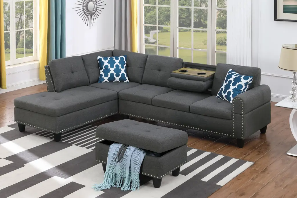 Alger 98 Inch Wide Left Hand Facing Sofa Chaise Ottoman Dark Gray Fabric Sectional cynthia-s furniture