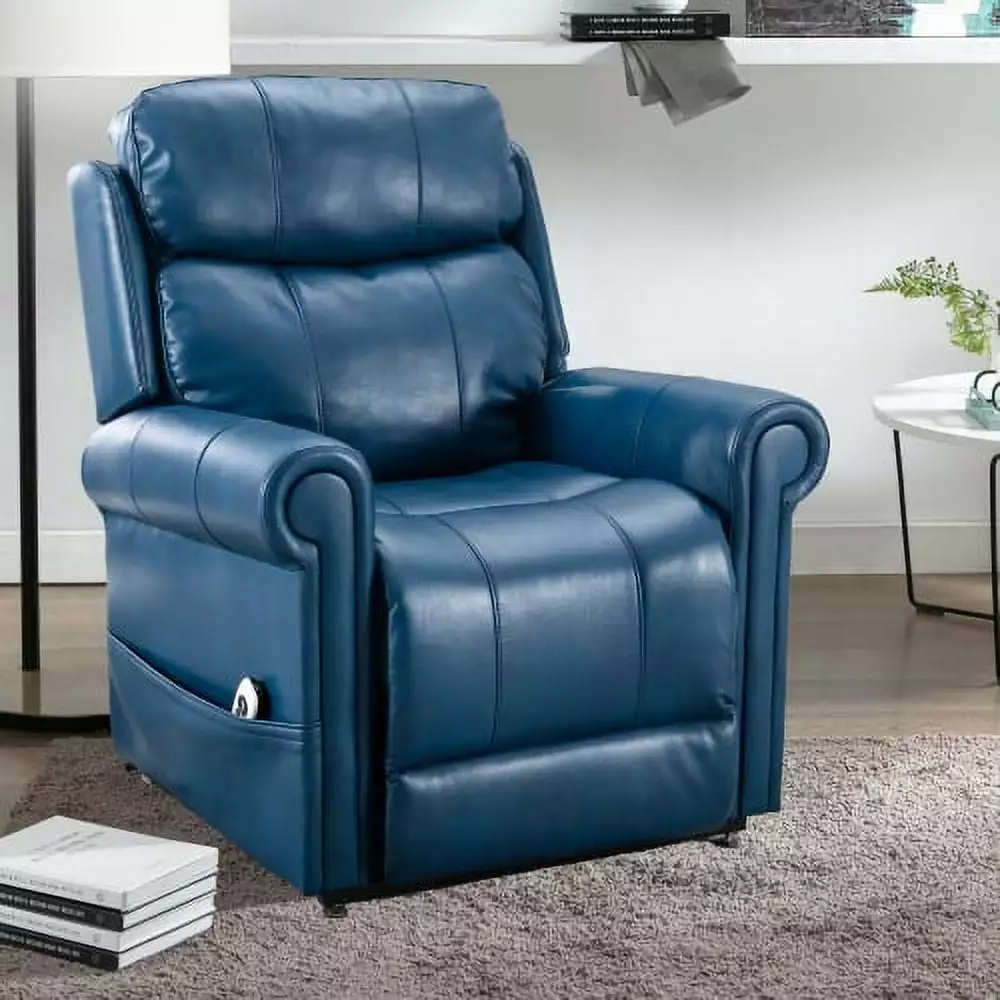 Lowell Navy Blue Leather Gel Lift Chair Massage and USB Charging Hypeshops
