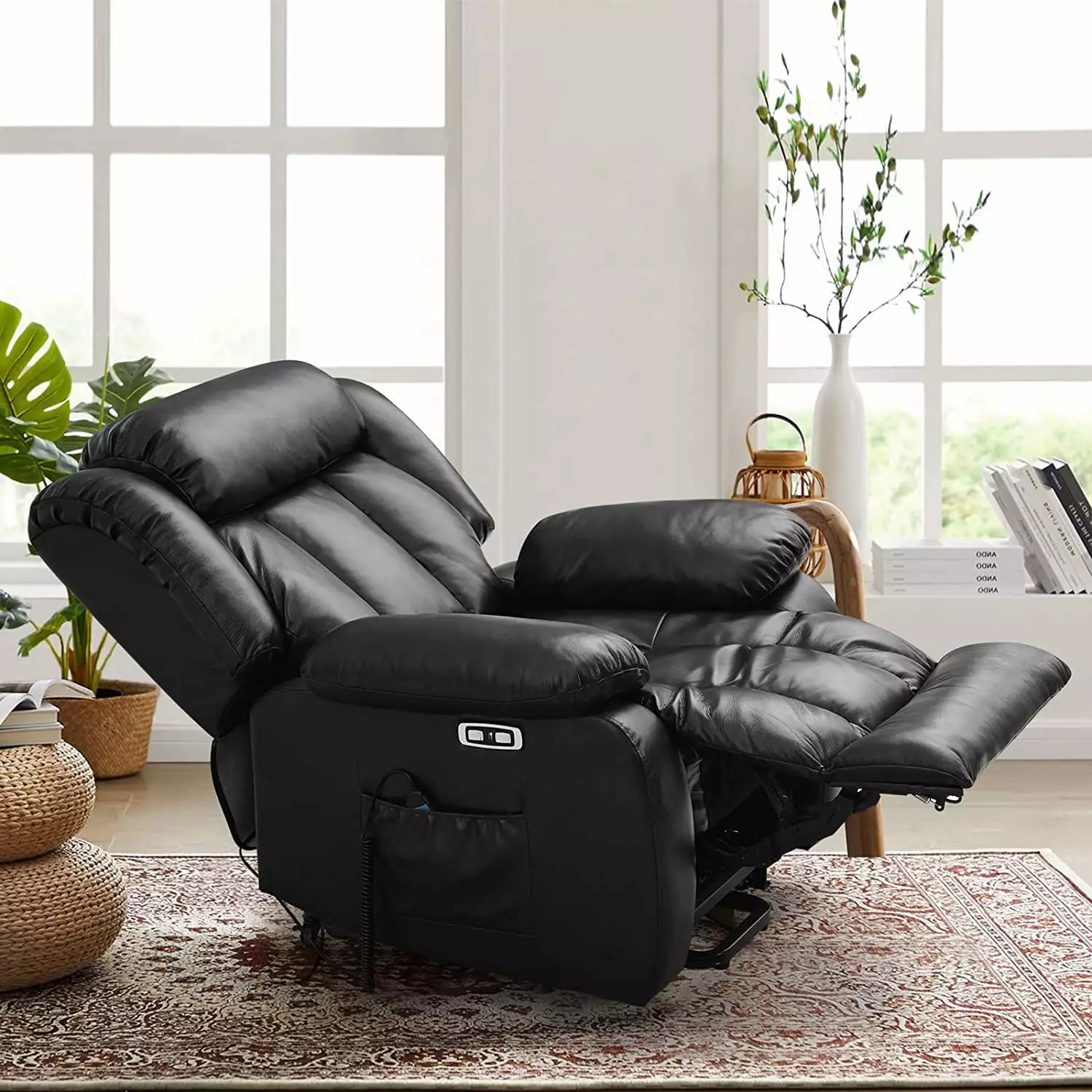 MERITLIFE Real Leather Power Lift Chair Electric Recliner Sofa Elderly Heated Vibration Massage and Remote Control Black