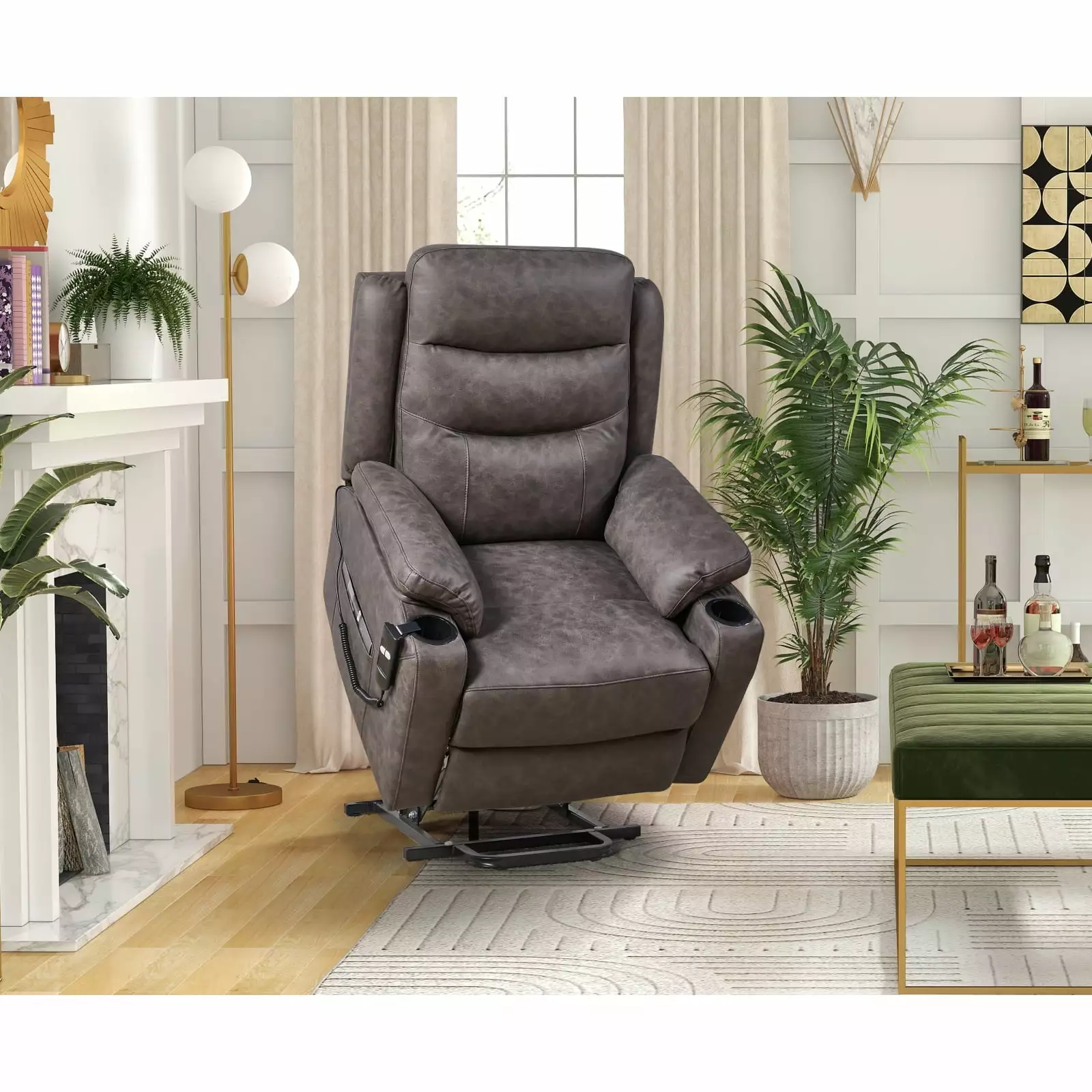 Miekor Electric Power Lift Recliner Chair 3 Positions 2 Side Pockets Cup Holders Suede Fabric