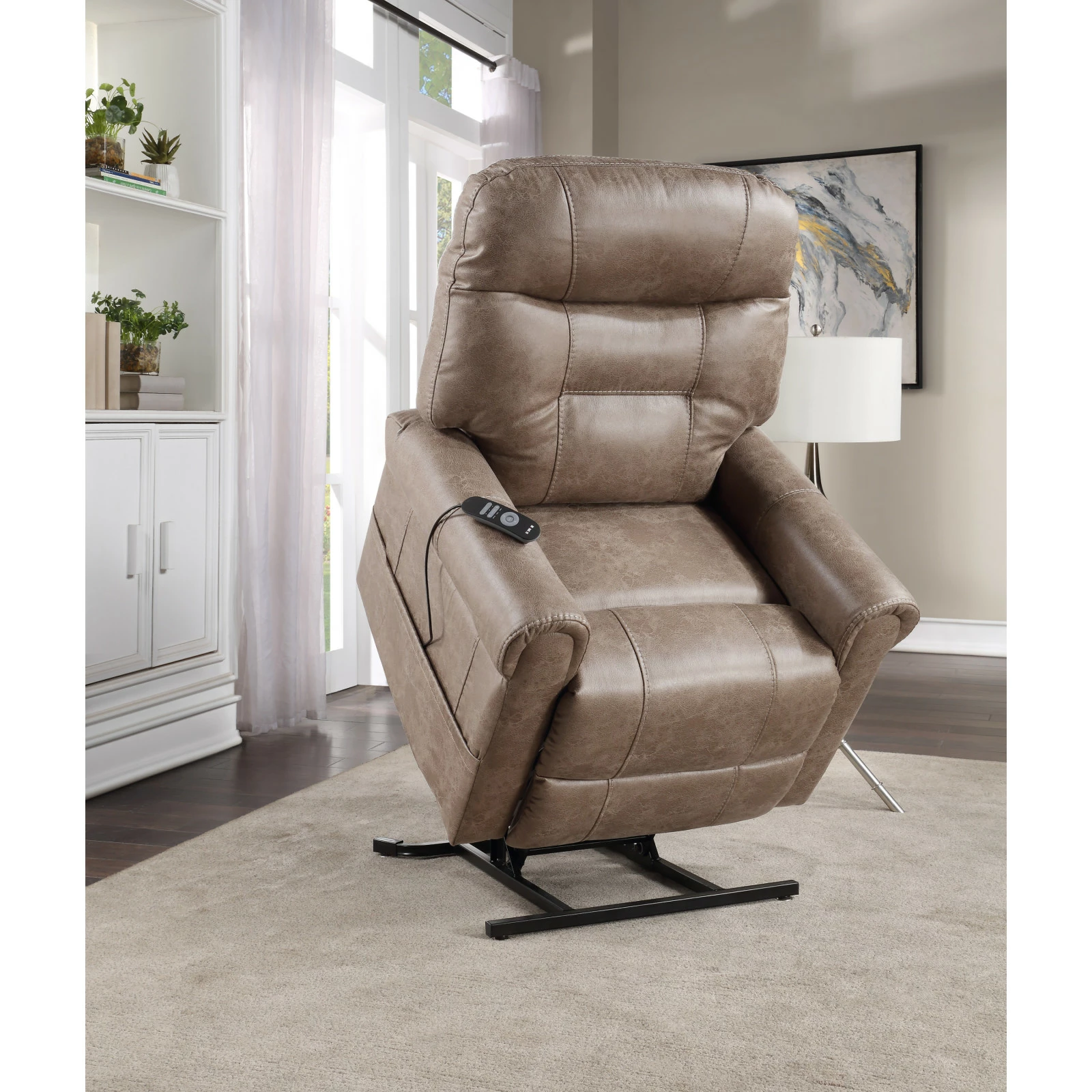 Classic Rolled Arm Power Lift Chair Recliner Adjustable Heat Massage Plush Seating Polyester Fabric Ponnky