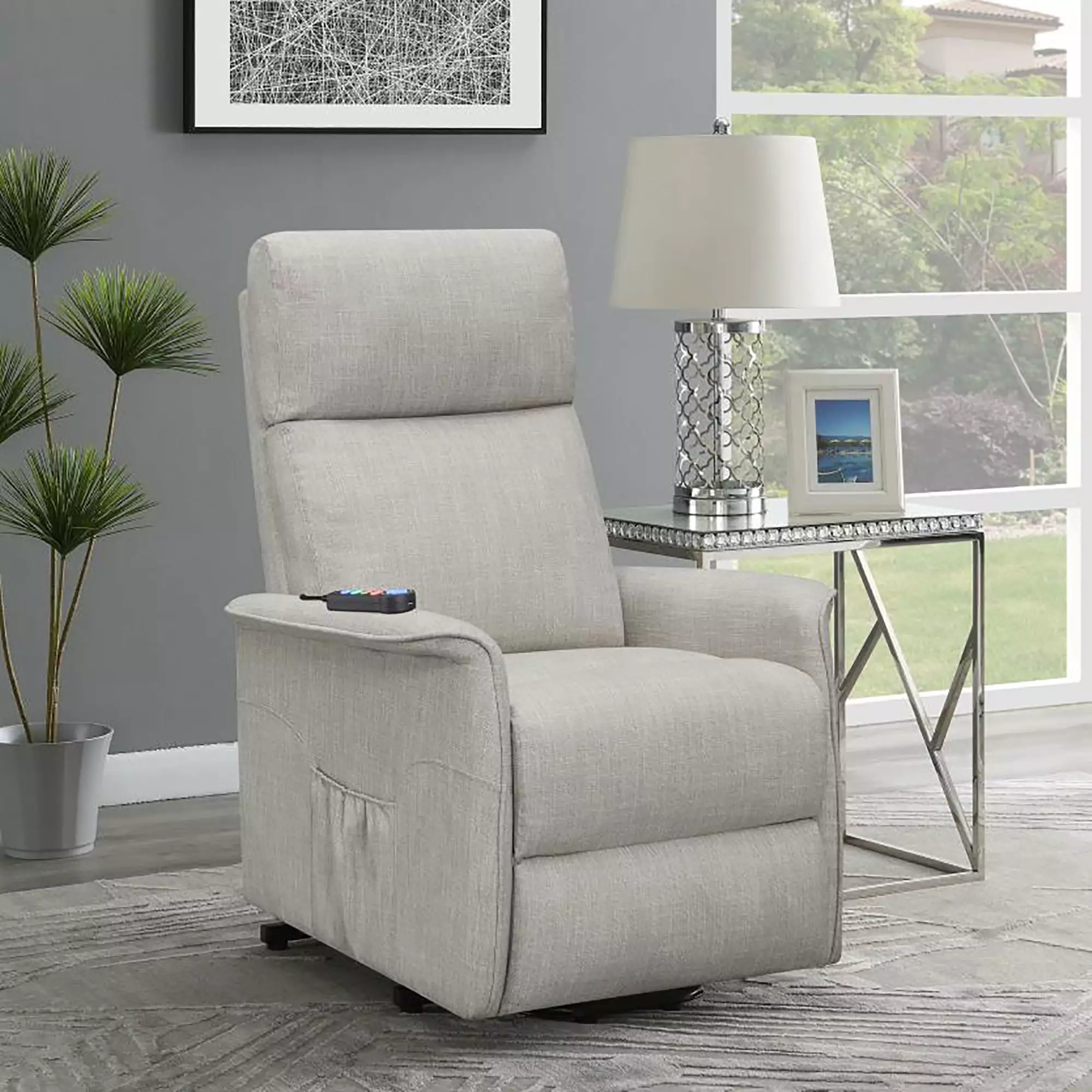 DeeHome Beige Upholstered Power Lift Recliner Chair Wired Remote Control