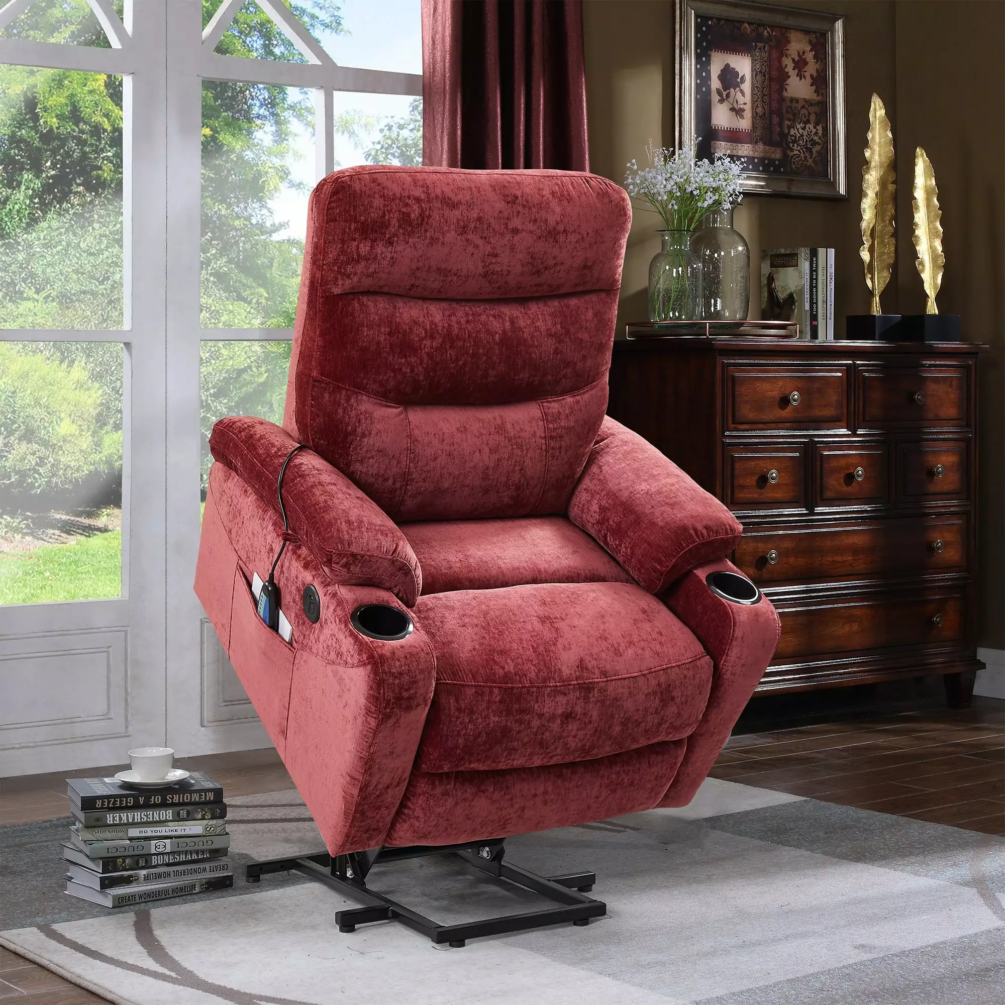 Trek Electric Power Lift Recliner Chair Massage and Heat - Red - Elderly Comfort Chair Go Green Woods