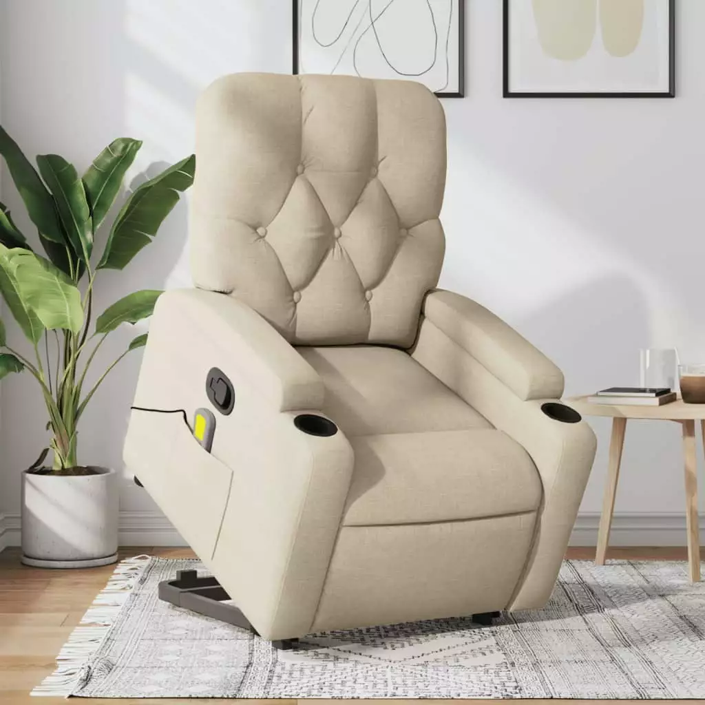 vidaXL Stand up Massage Recliner Chair Cream Fabric Lift Assistance