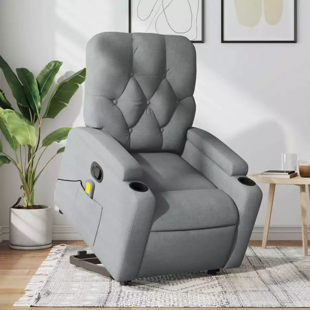 vidaXL Stand up Massage Recliner Chair Light Gray Fabric Lift Assistance