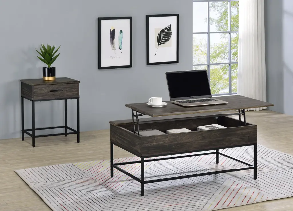 Cliff 2 Piece Brown Lift Top Coffee and End Table Set, Brown MDF Living Room Furniture lilola home