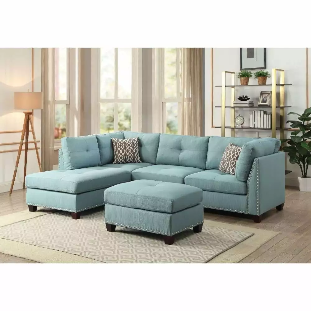 Light Teal Linen RF Sectional Sofa and Ottoman Acme Laurissa 54395 3pc Set