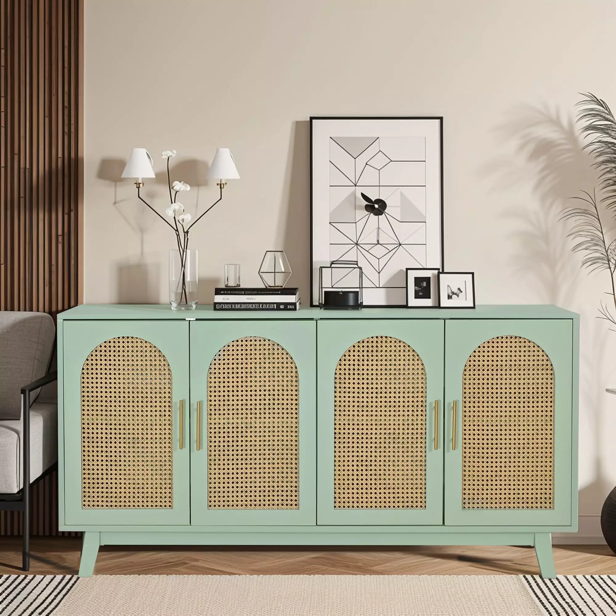 Modern 4-Door Cabinet Rattan Decorative Doors Mint Green Bedroom Living Room Office Ghislaine