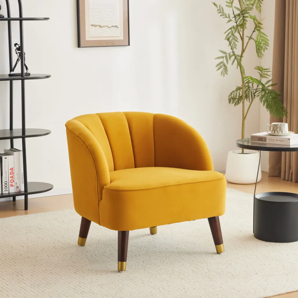 Upholstered Barrel Accent Chair Wooden Legs Orange Rubberwood Velvet Living Room Chair nh-uhome
