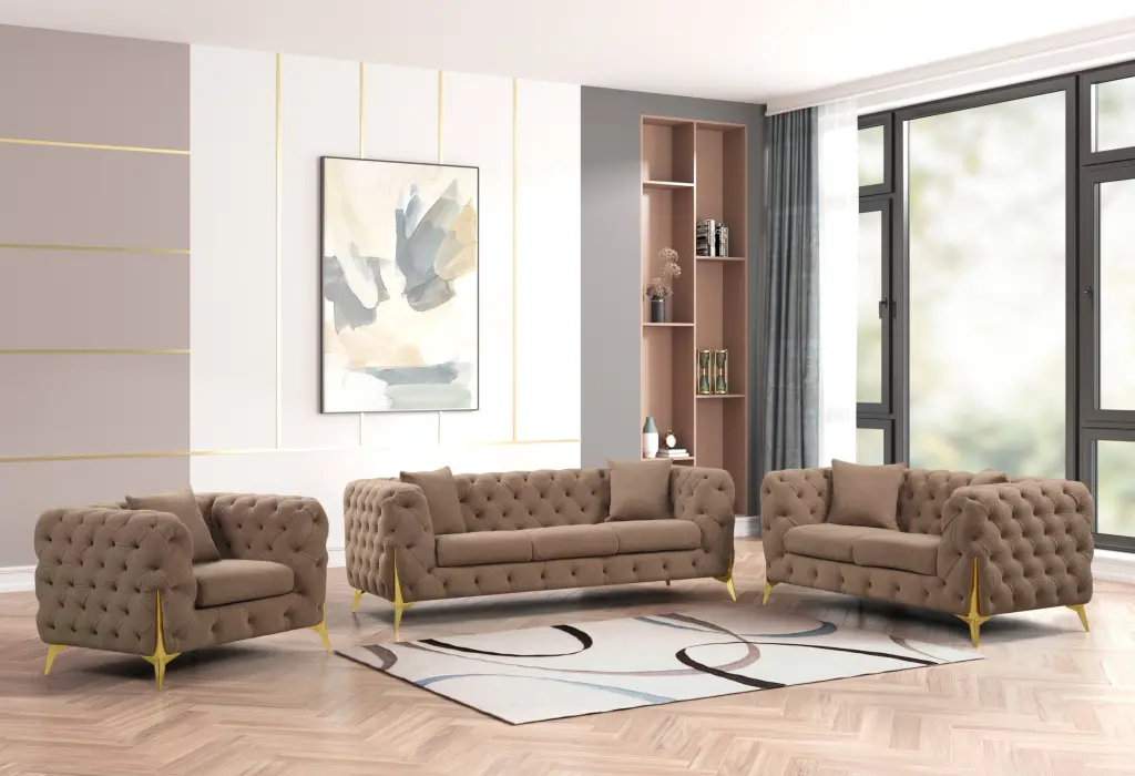 Contempo 3-Piece Modern Buckle Fabric Living Room Set Brown Wood Frame galaxy home furnishings