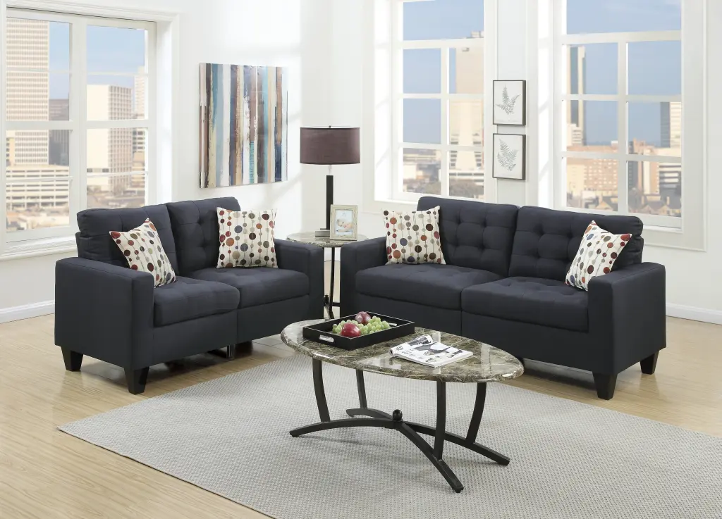 Living Room Furniture 2Pc Sofa Set Black Polyfiber Tufted Sofa Loveseat kanepe