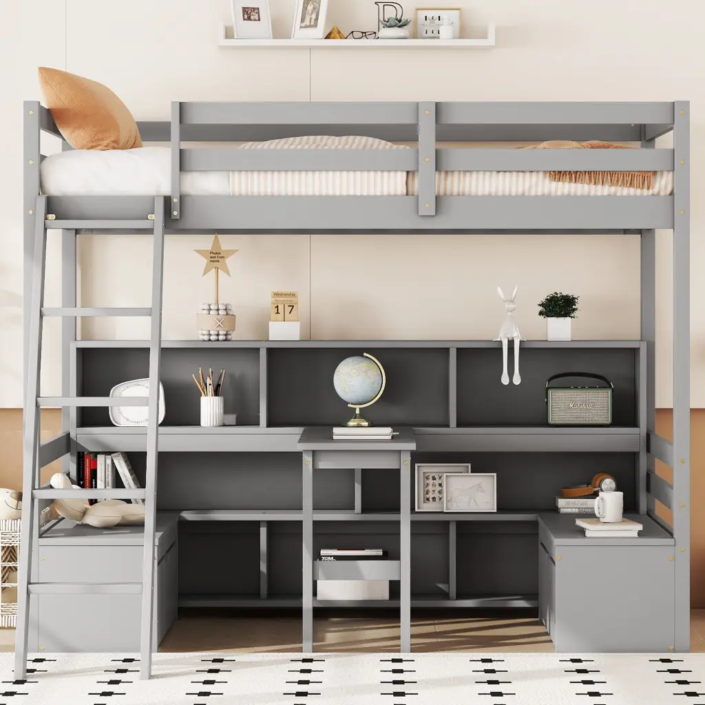 Twin Loft Bed Storage Shelves Drawers Seat and Desk Grey Color fangxing